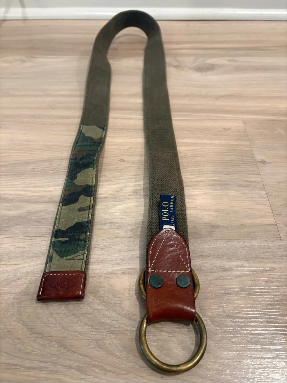Polo by Ralph Lauren Camouflage Canvas Belt with Brown Leather and Brass D-Rings